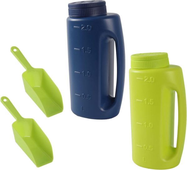 (2-Set) Mulrpose 2L Handheld Spreaders (Blue and Green) - Handheld Shakers for Seeds, Fertilizer, Salt, and More - With an Adjustable Dial for 7 Opening Modes - Includes 2 Scoops (Green)