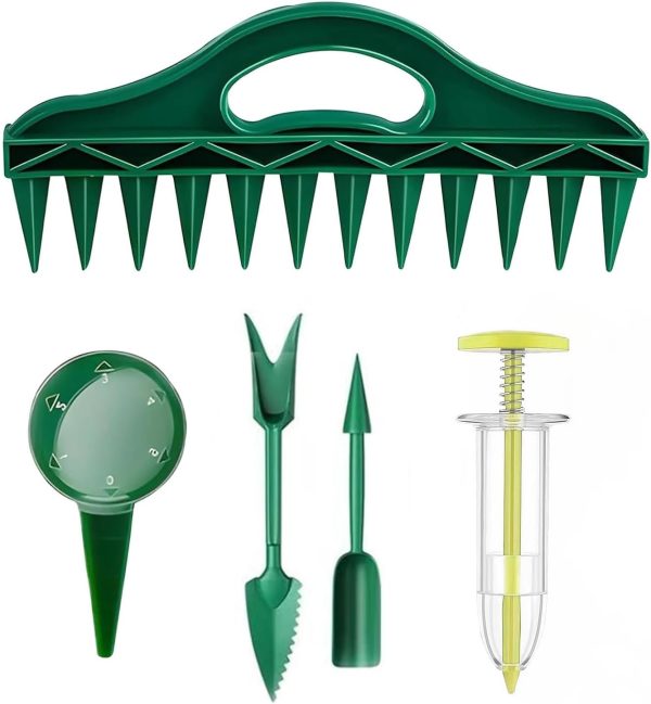 5 Piece Garden Seed Planter Tool Set: 2025 Upgraded Handheld Seed Spreader, Adjustable Seed Dispenser, 12-Hole Soil Punch, Transplant Tool and Seedling Lifter for Precise Sowing