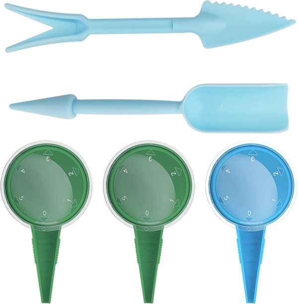 5pcs Small Garden Seed Planter Tool, Plastic Mini Garden Tool Set 2 in 1 Multifunctional Small Shovel and Adjustable Hand Seed Sower for Sowing, Planting, Loosening Soil, Transplanting (Blue)