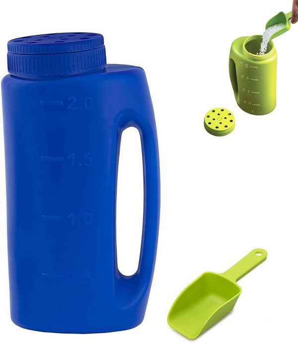 Handheld Grass Seed Spreader - 2L Ice Melt Spreader with Scoop, Fertilizer Spreader Handheld, Ice Melt Spreader with Capacity Scale, Salt Spreader for Garden Lawn Grass Planting (Blue)