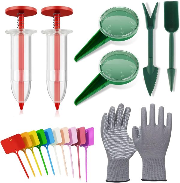 17Pcs Mini Seed Spreader, 2025 New Mini Sowing Seed Dispenser with a Pair of Gloves and Ten Plant Labels, Manual Seedlings Dibber and  Set, Small Seed Planter Tool for Garden