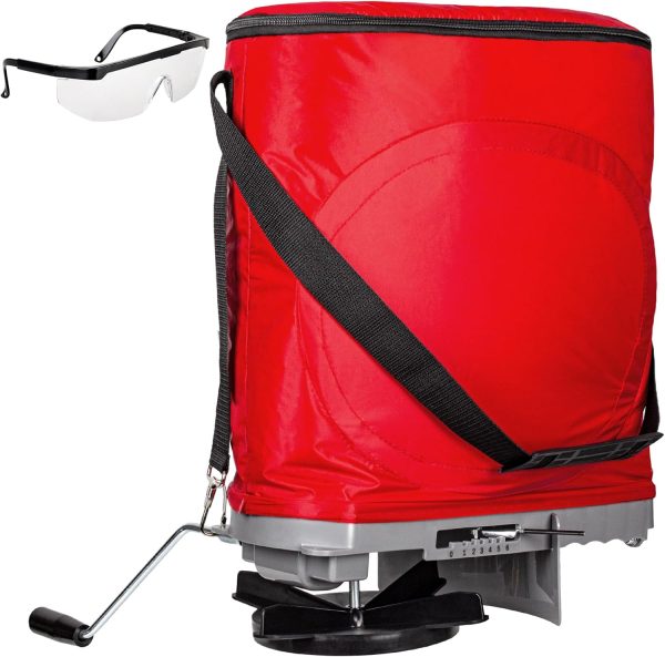 Handheld Bag Seeder Spreader with 25lb Bag, Frame Support, Multiple Spread Options, Enclosed Gears, Rear Baffle, Adjustable Shoulder Strap and Goggles, Red