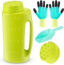 Grass Seed Spreader Hand Spreader Lawn and Garden for Fertilizer Ice Salt Tool for Melt Multiple Adjustable Opening Sizes up to 67 oz Includes 1 Scoop and 1 Pair Gloves(Green)