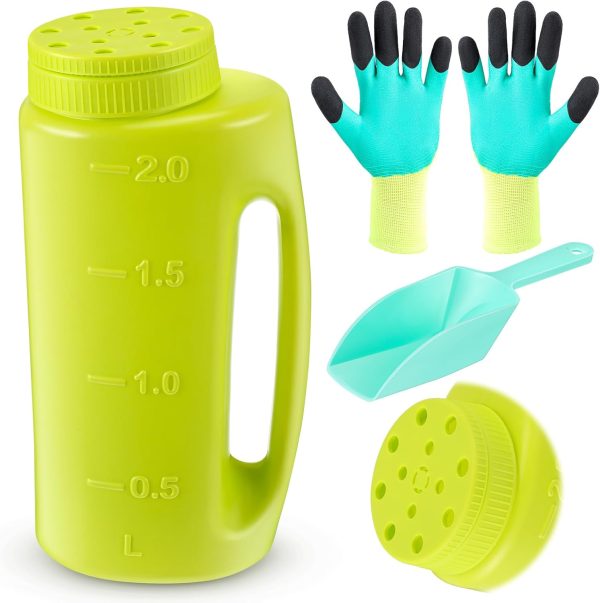 Grass Seed Spreader Hand Spreader Lawn and Garden for Fertilizer Ice Salt Tool for Melt Multiple Adjustable Opening Sizes up to 67 oz Includes 1 Scoop and 1 Pair Gloves(Green)