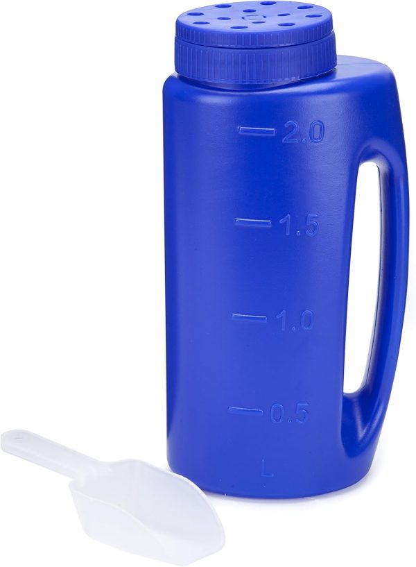 2L (70 oz) Hand Held Spreader in Blue. Adjustable Hole Size for Seed, Fertiliser, Salt to Deice or Any Size Granule Complete with Scoop