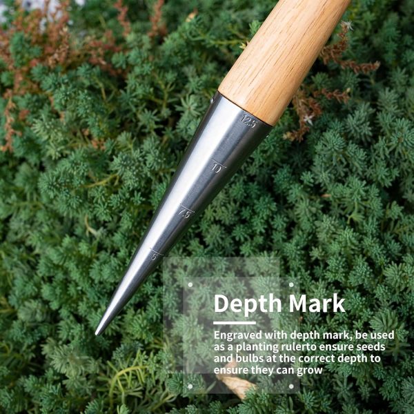 D Hand Dibber Garden Tool, Seed Planter Tool with Wood Handle for Sowing Seed - 5" Seed Dispenser for Planting Steel Garden Dibber, Transplanting Plants,Planting Bulb,Digging - Image 2