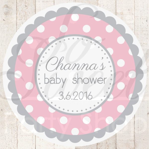 girl's party favor sticker labels pink and gray polka dot
